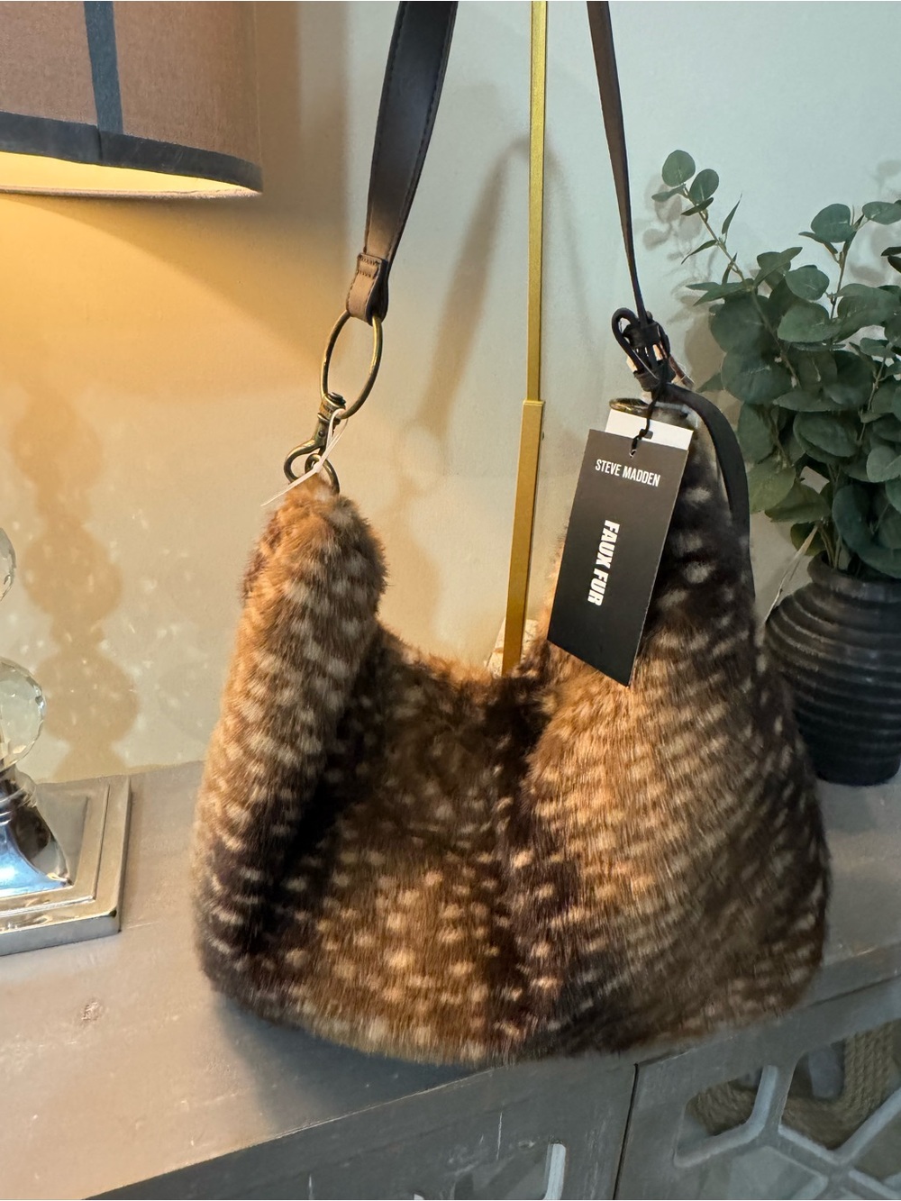 Steve Madden Faux Fur Dark Deer Print Hobo Bag + Matching Pouch